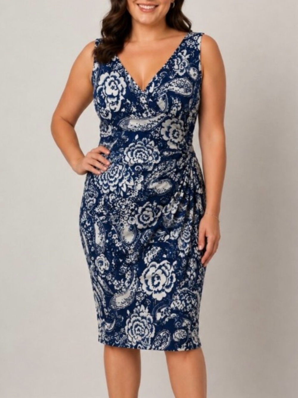 Lauren Ralph Lauren Dress Blue White Floral Print Sleeveless Stretch 18 NWOT